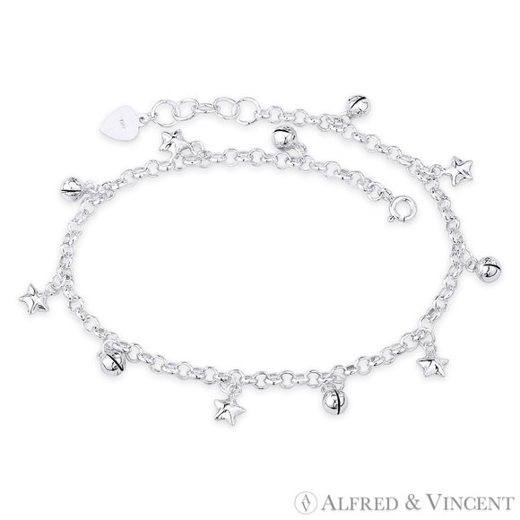 Puffed Star, Ringing Balls & 4mm Rolo Chain Charm Anklet in .925 Sterling Silver - Picture 2 of 2